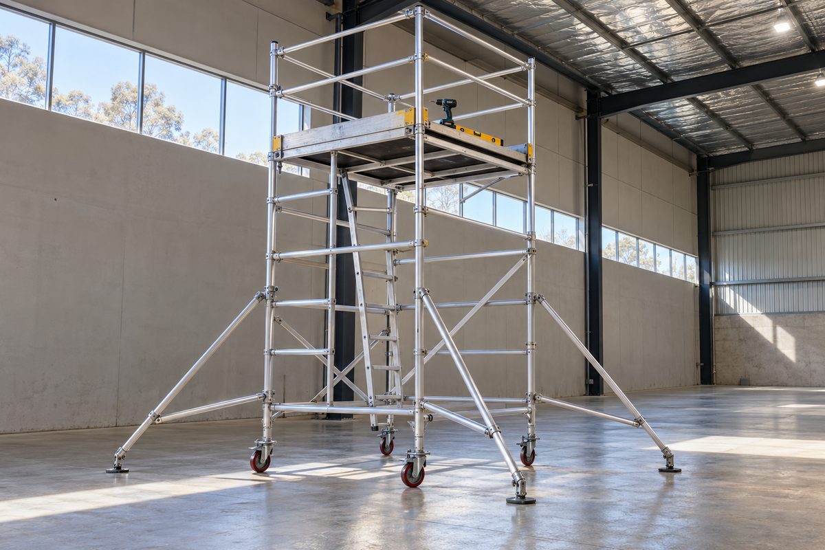 An aluminium mobile scaffold tower with locked castor wheels and outriggers on a concrete floor inside a large warehouse, with a guardrail around the platform and light from high windows.