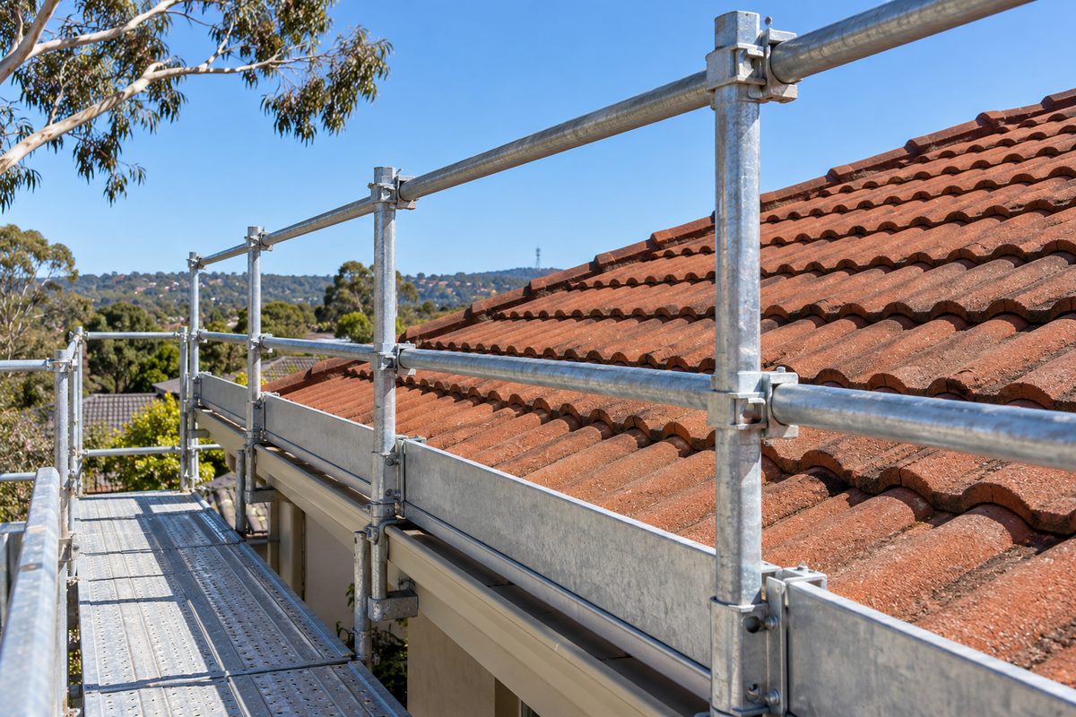 Galvanised edge protection posts clamped along the eave of a terracotta tile roof with a guardrail and mid-rail, the platform visible below, against a clear sky with a ghost gum branch.