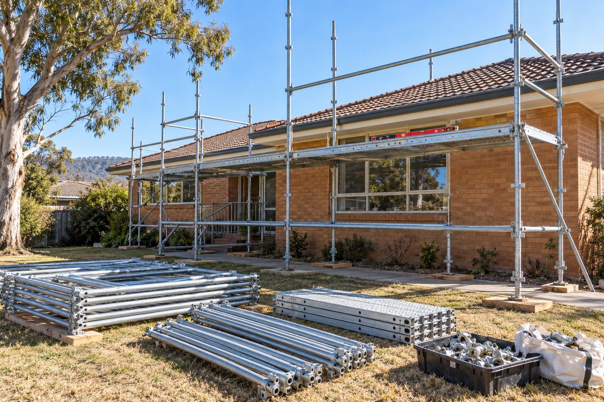 A scaffold part built on a brick house in Canberra, the base lift tied in with base plates on timber sole boards, frames and ledgers stacked on the lawn, a tray of couplers and a level resting on a ledger