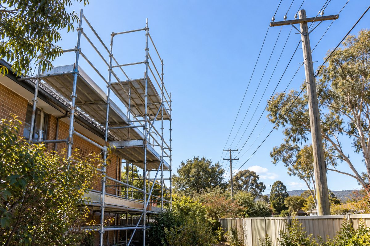 A scaffold on the side of a house with overhead powerlines on a timber pole in the background, a clear gap of sky between the cables and the top of the scaffold, and a barrier fence at ground level.