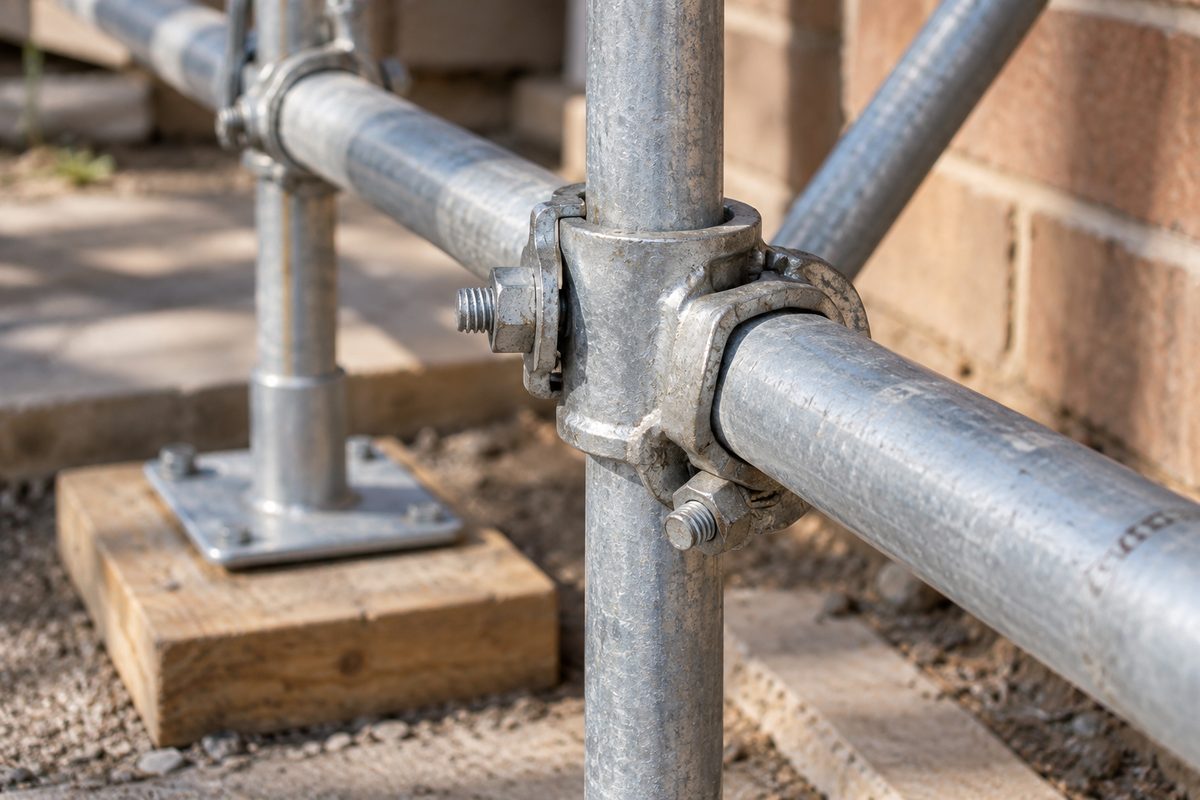 Close detail of galvanised steel tubes joined by right angle couplers at a standard and ledger, with a base plate standing on a timber sole board on firm ground